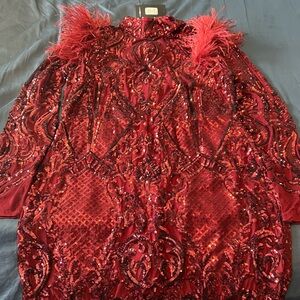 Fashion Nova Red Sequin Embellished dress with Feathers